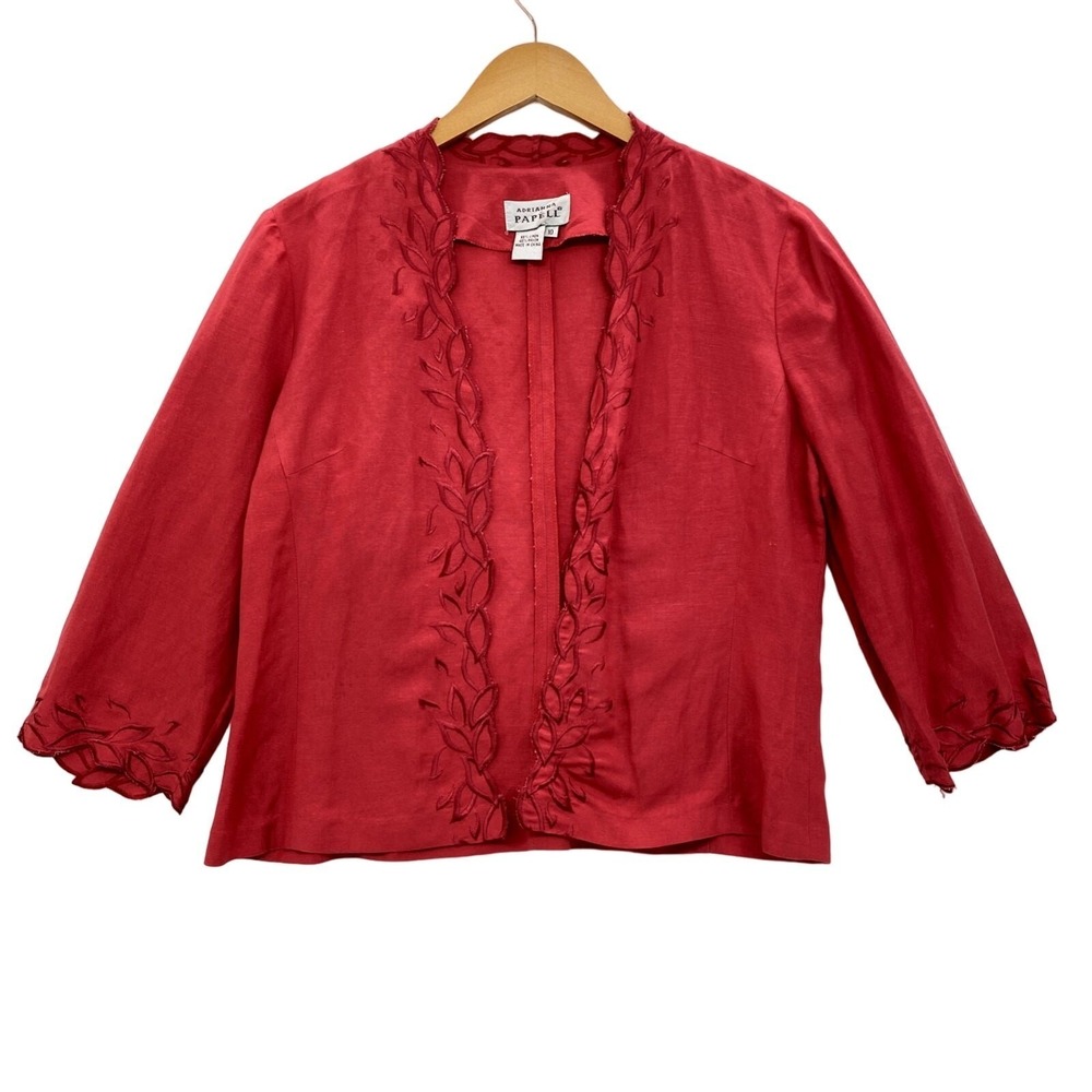 Adrianna Papell Jacket Womens 10 Red‎ Linen Blend Open Front Embroidered